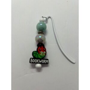 Bookworm Caterpillar Shepherd Hook Bookmark White Metal Iridescent Beaded Dangle